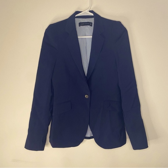 Zara Woman Navy Blue Wool One Button Blazer Career Business Academia Size XS - Picture 1 of 14